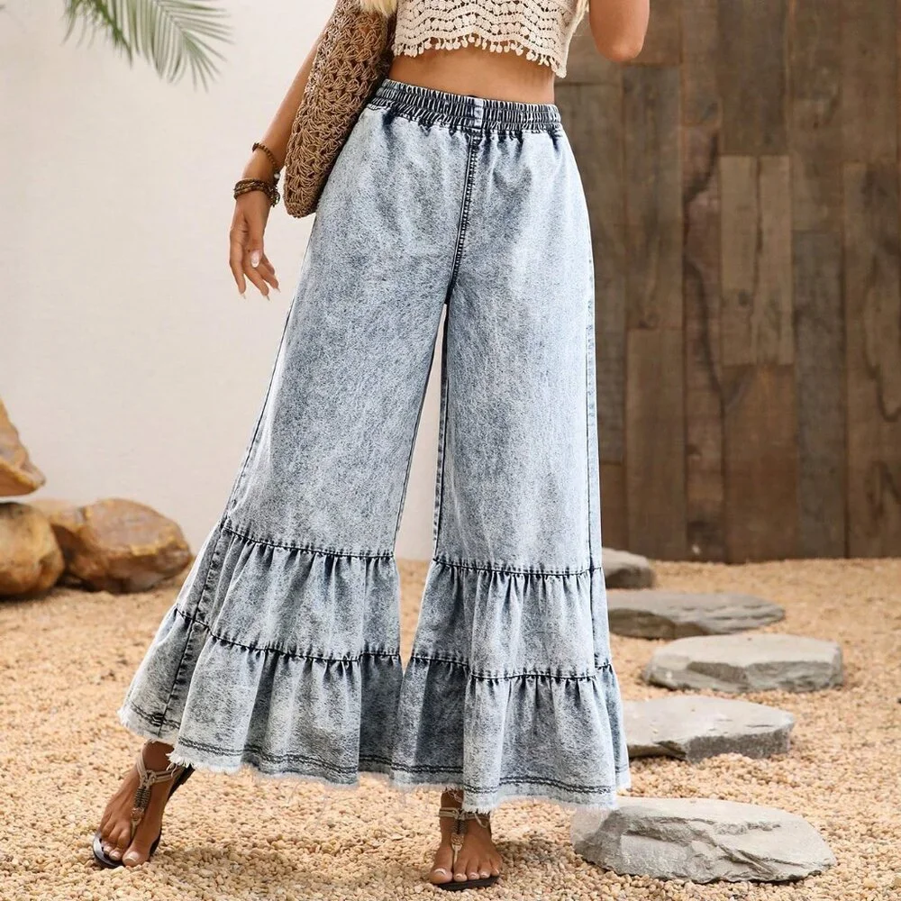 Light Wash Boho Women's Casual Elastic Waist Pocket Wide Leg Denim Pants